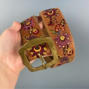 LUCKY BRAND Brown Leather Belt Embroidered Floral  Boho Brass Buckle Medium
